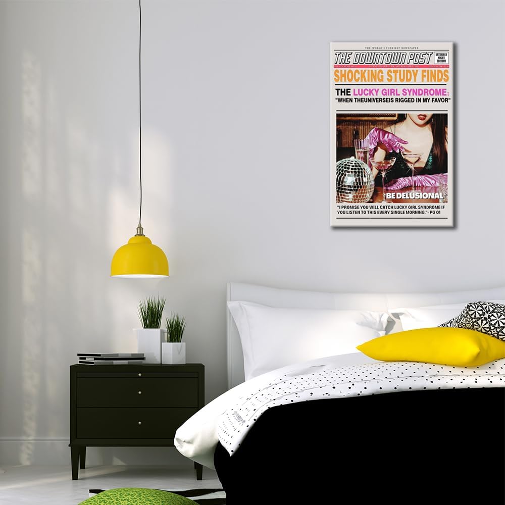Decoración de bola de discoteca en lienzo, arte de pared, diseño de groovy, póster impreso con texto en inglés Lucky Girl, Bebida de la suerte,