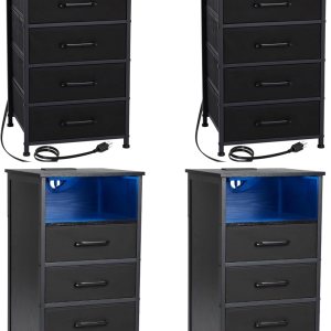 LOAKEKEL Juego de 2 mesitas de noche LED, mesita de noche negra con estación de carga, cómoda alta con 4 cajones de almacenamiento LOAKEKEL Juego de 2 mesitas de noche LED, mesita de noche negra con estación de carga, cómoda alta con 4 cajones de almacenamiento