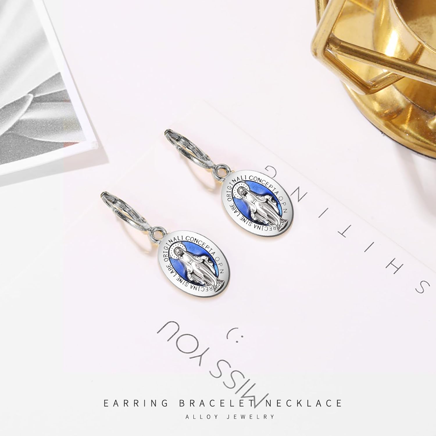 50 piezas de aleación de esmalte azul milagroso medalla ovalada Nuestra Señora Colgantes Virgen María para mujeres y hombres DIY católico collar