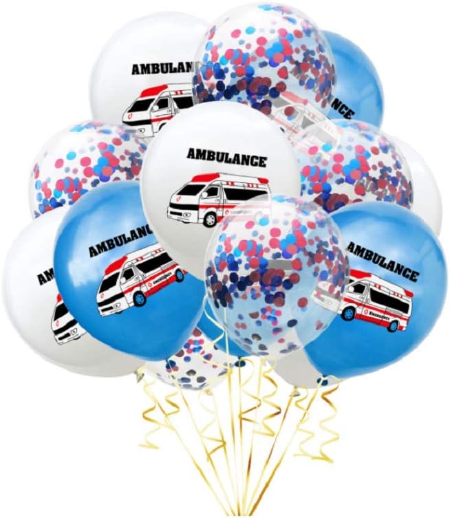 15pcs Globos de látex Ambulancia Vehículo Impresión Globos Globos Confeti para Niños Cumpleaños Fiesta Favores – Azul y Rojo