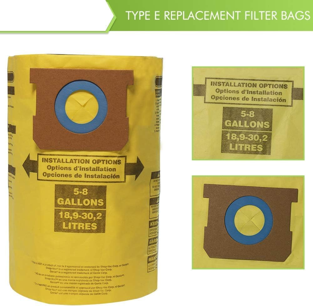 Vac 90661 9066100 Tipo E Bolsa de vacío en seco y húmedo para Shop Vac Bolsas de filtro desechables de 5 a 8 galones (amarillo-6 piezas)