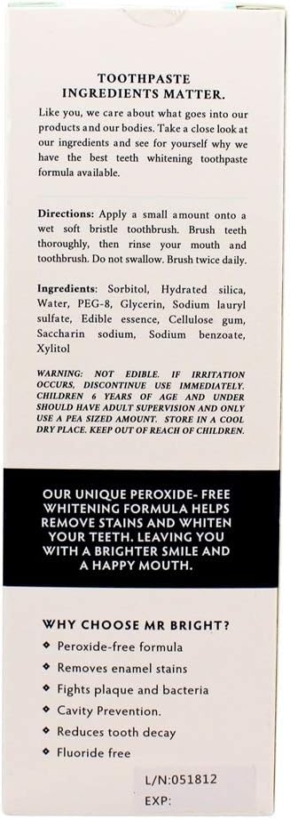 Gel de pasta de dientes blanqueadora sin flúor Menta – 3.52 oz.