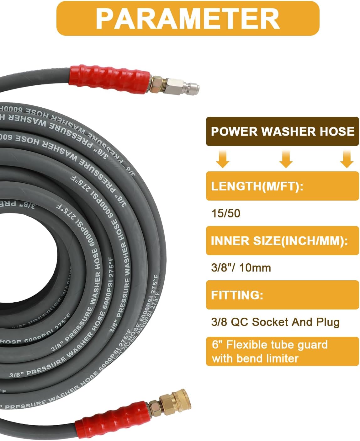 OCPTY Manguera de lavado a presión de agua caliente 38 “x 100 pies 6000 psi sin marcas 2 trenzas R2 gris