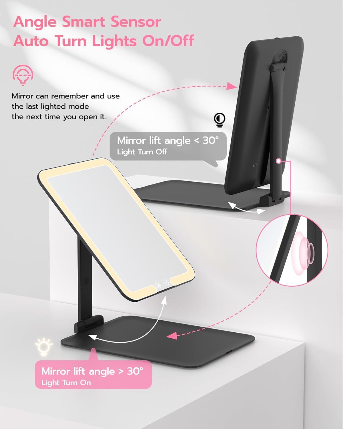 Espejo de maquillaje de viaje recargable con espejo de aumento de 10X, espejo de tocador LED con soporte ajustable portátil, luces regulables de 3