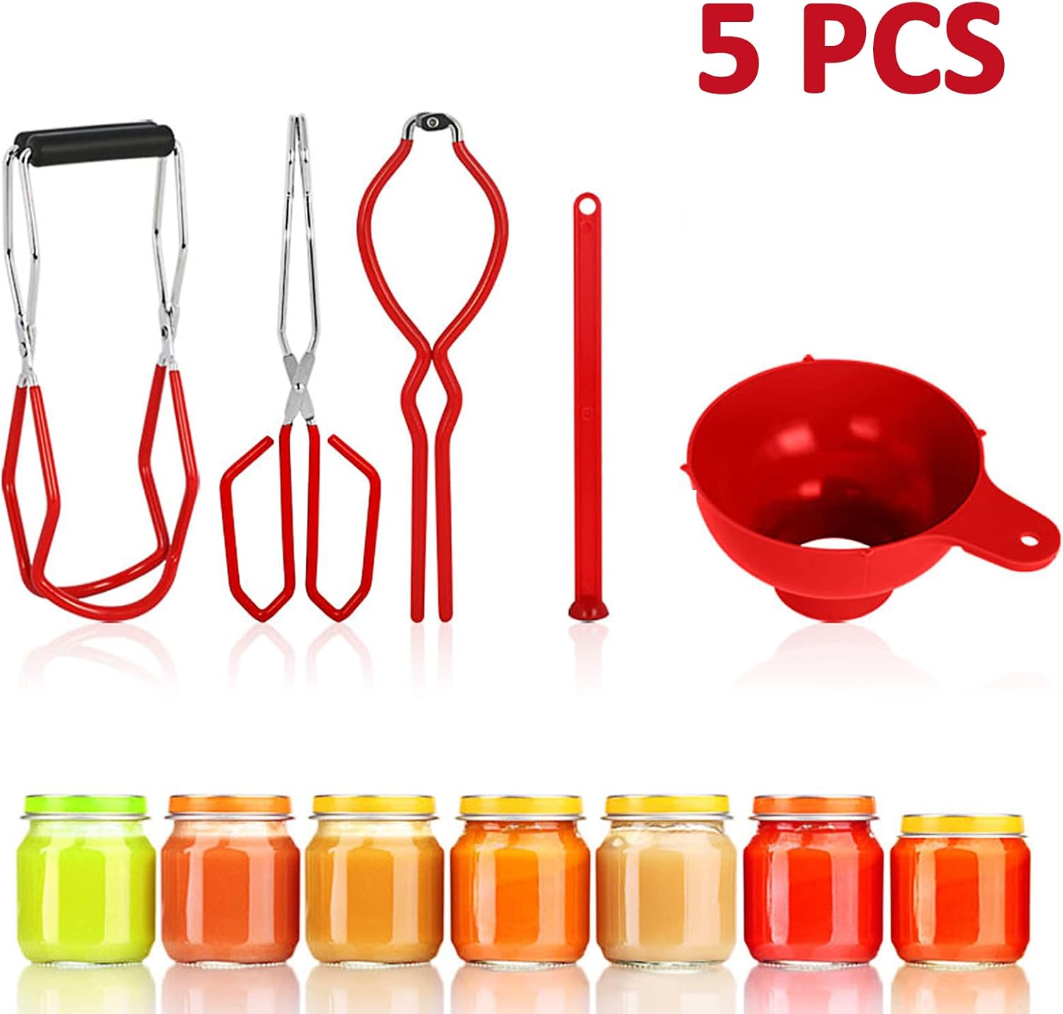 Kit de conservas de 5 piezas, incluye pinzas, embudo de boca ancha, elevador de tarros, llave de tarro, elevador de tapa magnética, clip