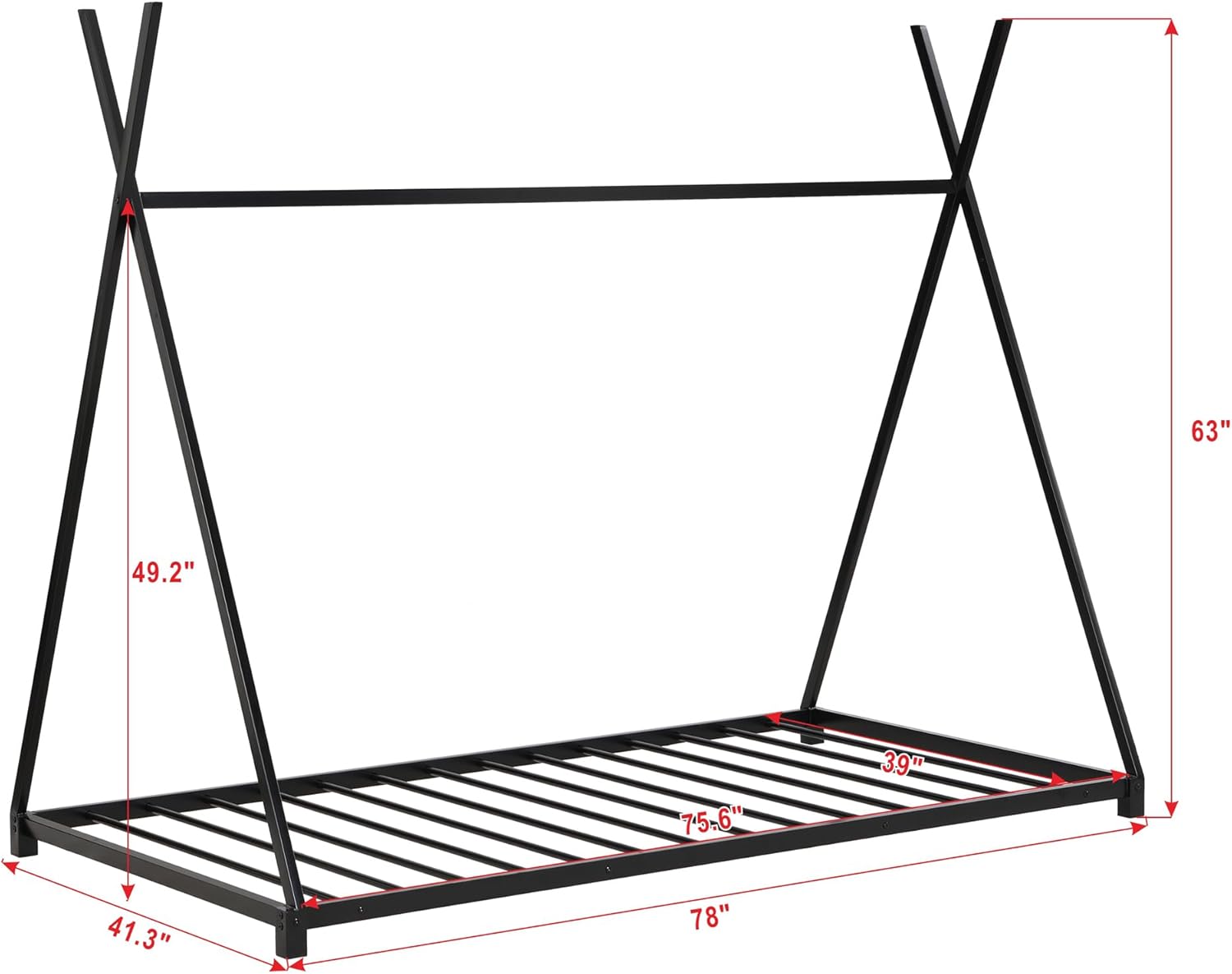 Camas de casa de tamaño individual, marco de cama de metal para suelo, estructura triangular, cama tipi para niños y niñas, adolescentes, color negro