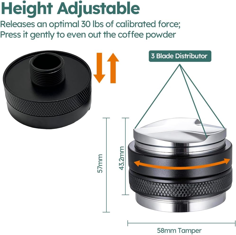 Espresso Tamper 2.283 in, distribuidor profesional de café y manipulador de mano, profundidad ajustable para todos los portafiltros de espresso de