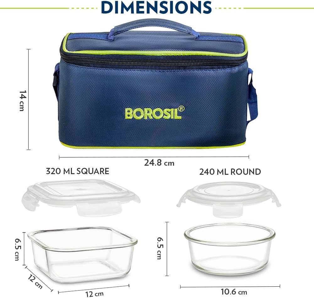 Borosil Juego de 4 fiambreras universales de vidrio, (2 unidades de 10.8 fl oz cuadrados + 2 piezas de 8.1 fl oz Rnd) aptas para microondas y oficina