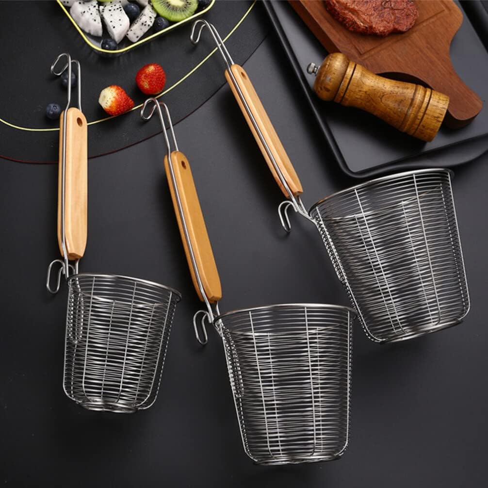 ZzzaNa Cesta de pasta de malla de acero inoxidable con mango de madera, colador de fideos para pasta, cuchara de espagueti, espumadera de cocina,