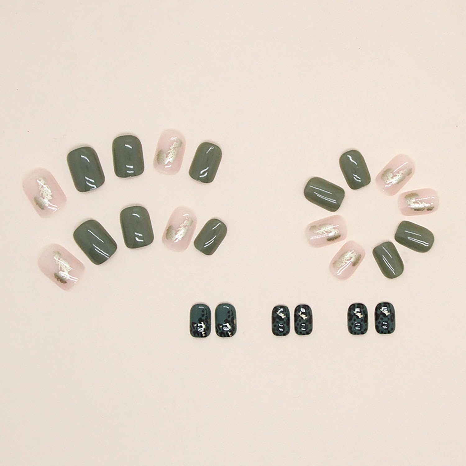 Uñas postizas cortas a presión cuadradas con diseño de lámina dorada, uñas postizas de leopardo verde, uñas acrílicas de cobertura completa, uñas
