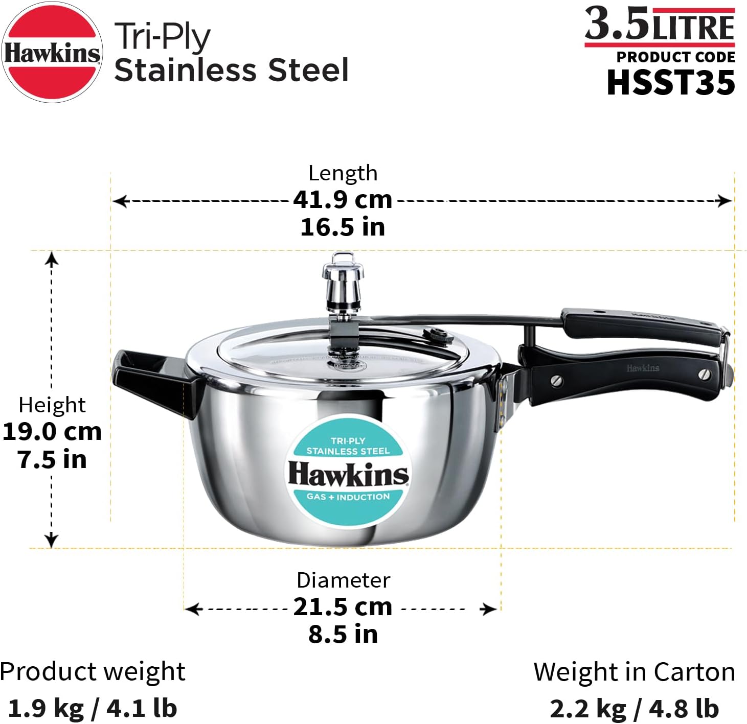 Hawkins Olla a presión de acero inoxidable triple de 3,5 litros, cocina de tapa interior, plata (HSST35)