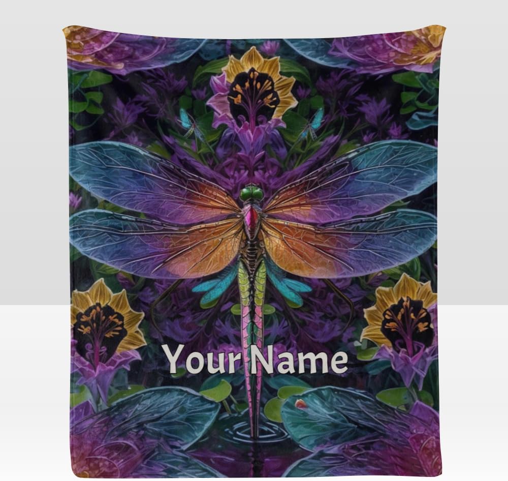 Manta personalizada con texto del nombre, manta personalizada de libélula de forro polar súper suave para sofá, cama (50 x 60 pulgadas)