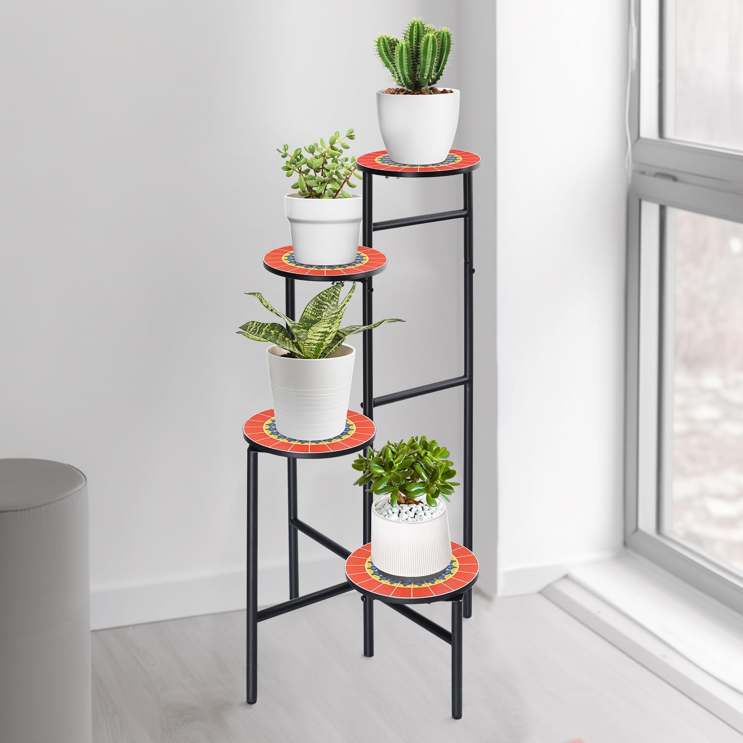 THE NEXT GARDENER.COM Soporte para plantas de interior de 4 niveles, estante esquinero para flores al aire libre con mesa de azulejos de cerámica de