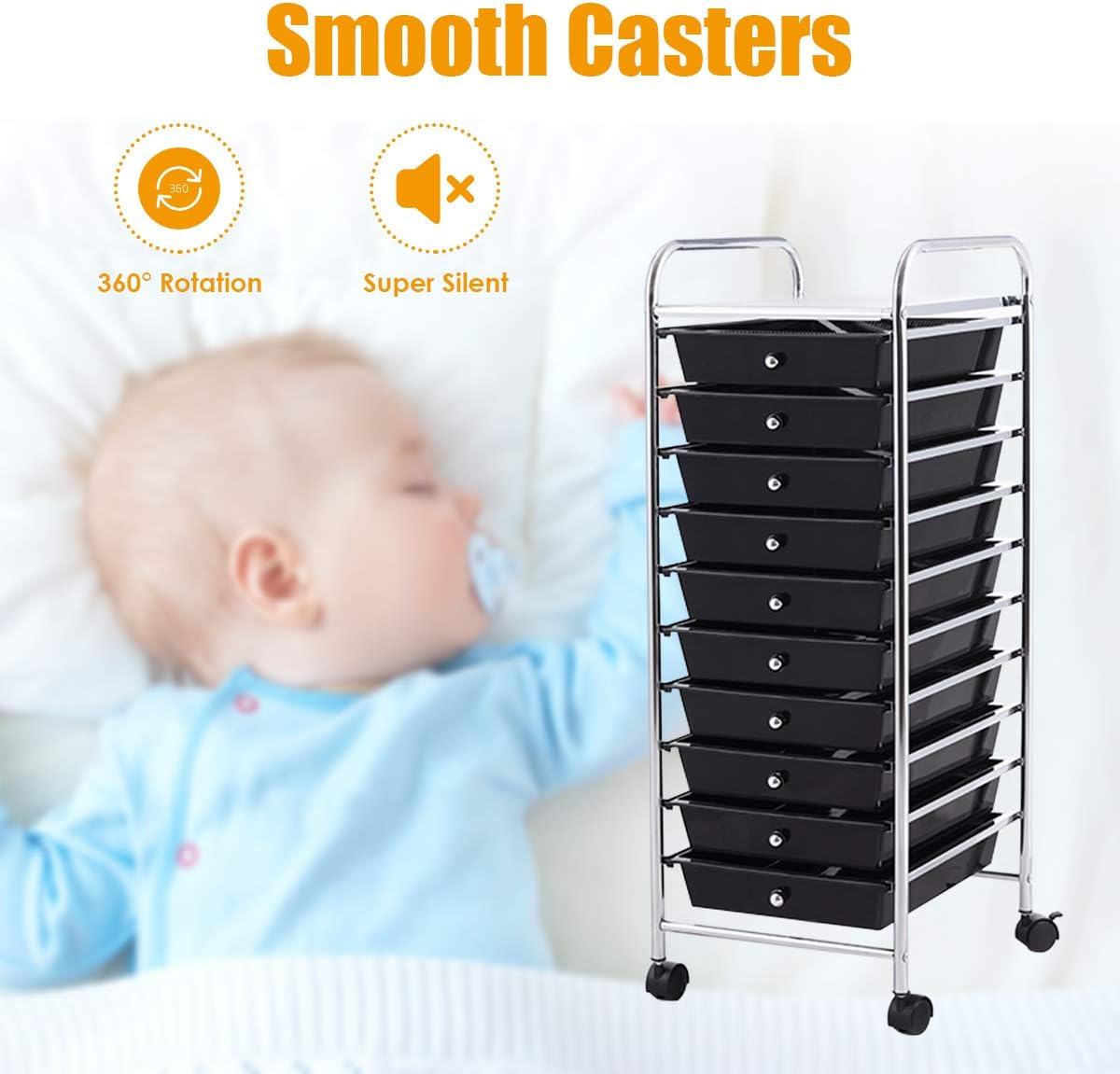 RELAX4LIFE Carrito de almacenamiento con 10 cajones, ruedas rodantes, semitransparente, multiusos, móvil con ruedas para escuela, oficina, hogar,