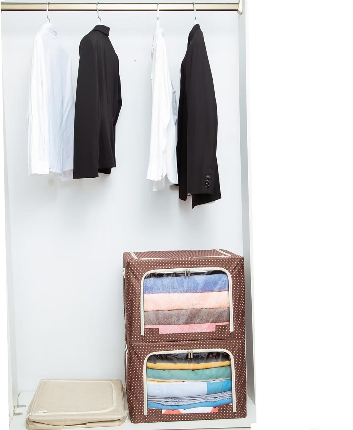 Caja de contenedores de almacenamiento de ropa con marco de acero apilable Ventana transparente plegable para ropa de cama de suéter