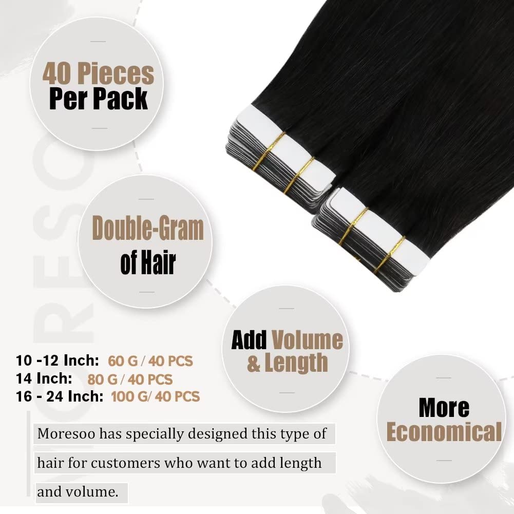 Moresoo – Extensiones de cabello humano con cinta adhesiva de 100 g 40pcs. Remy, recto, color puro, sin costuras, extensiones de pelo., 20 pulgadas,