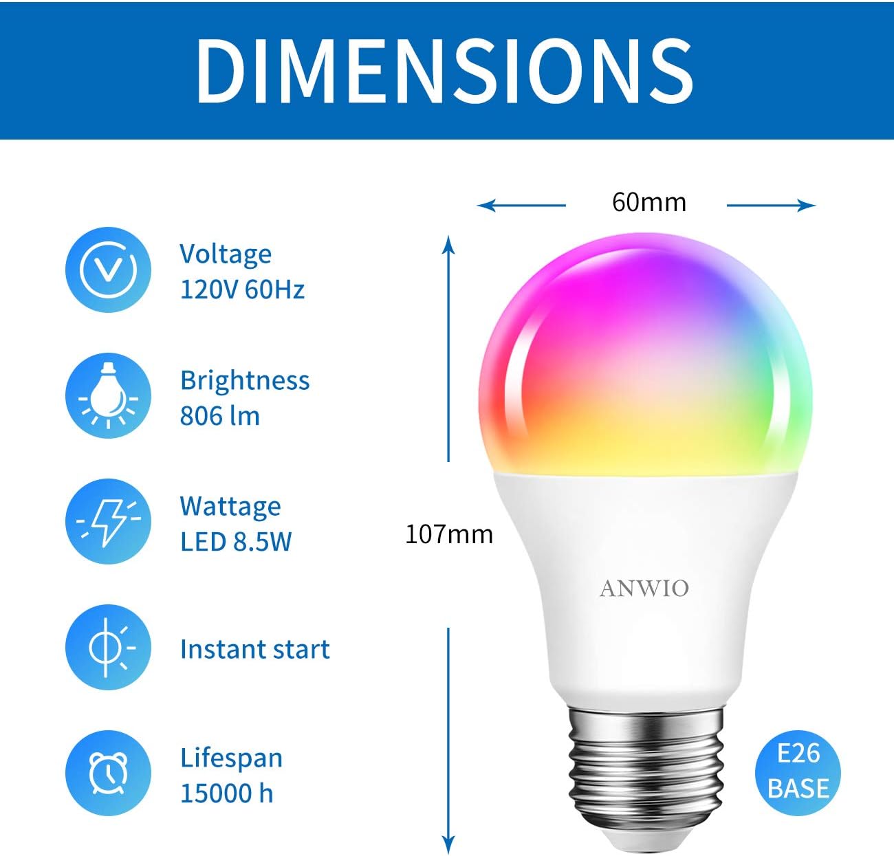 ANWIO Paquete de 4 bombillas inteligentes de 8.5 W (reemplazo de 60 W) A19 E26 bombilla LED funciona con Alexa, Google Assistant, aplicación Smart