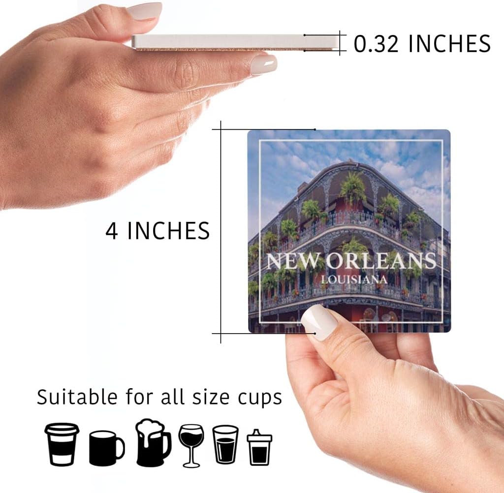 New Orleans, Louisiana, Joyride Home Decor 4 posavasos de cerámica, posavasos cuadrados de 4 pulgadas, juego de 4, parte trasera de corcho