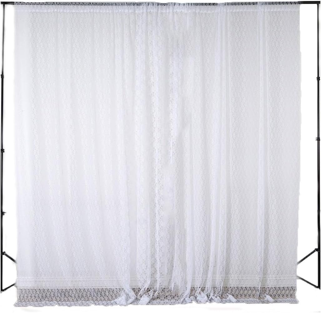 Efavormart – Paquete de 2 cortinas transparentes de encaje floral ignífugas blancas de 5 x 10 pies con bolsillos para barra