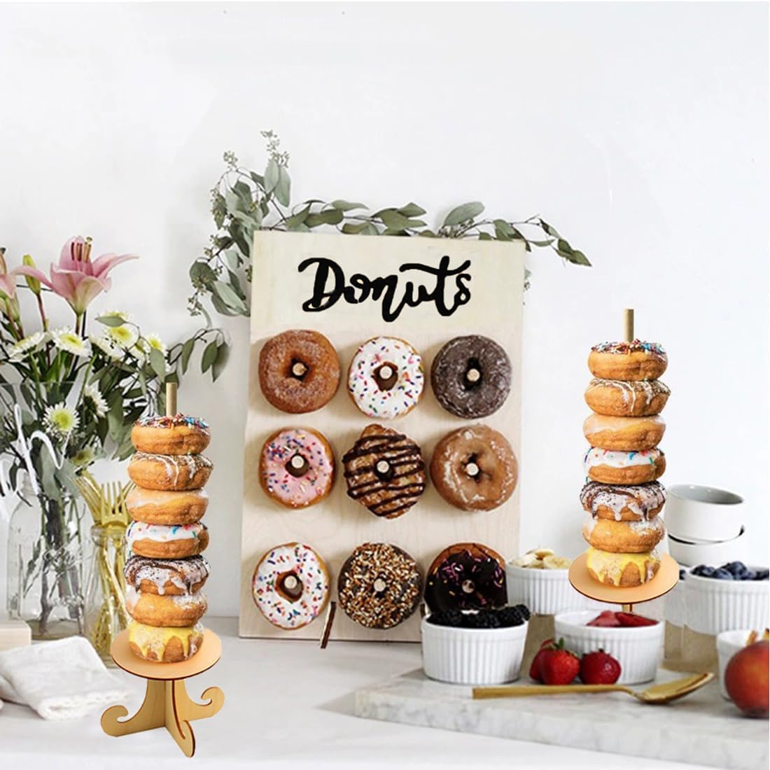 Soporte de exhibición de pared de rosquilla, 2 piezas, con 2 soportes de torre de dona, soporte de madera para donas para baby shower, fiesta, boda,