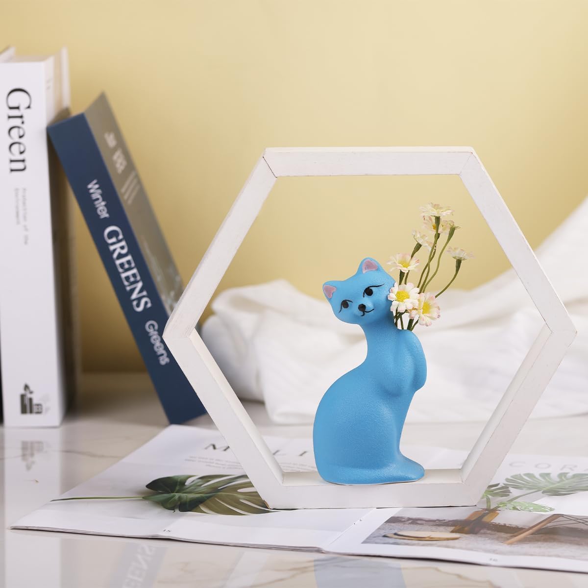 Jarrón de cerámica para gatos, florero azul, decoración multifuncional para jarrón y adorno, estatua de gato hecha a mano para sala de estar,