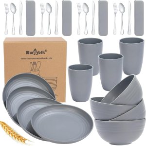 Juego de vajilla de paja de trigo de 28 piezas para 4, juegos de platos y cuencos de paja de trigo de cocina, vajilla para dormitorio universitario Juego de vajilla de paja de trigo de 28 piezas para 4, juegos de platos y cuencos de paja de trigo de cocina, vajilla para dormitorio universitario