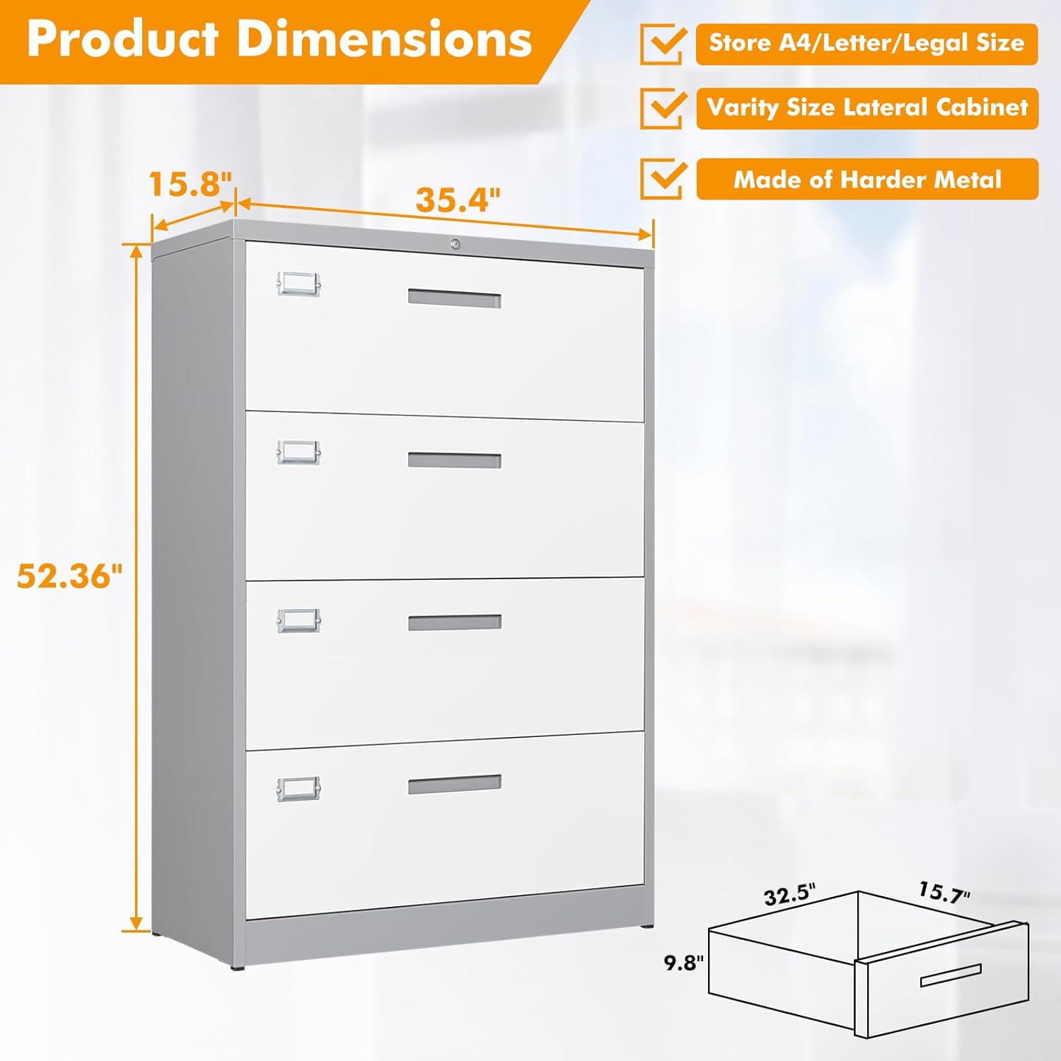 Archivador de 4 cajones con cerradura, 4 cajones de acero para organización de archivadores anchos, archivador lateral de acero para colgar