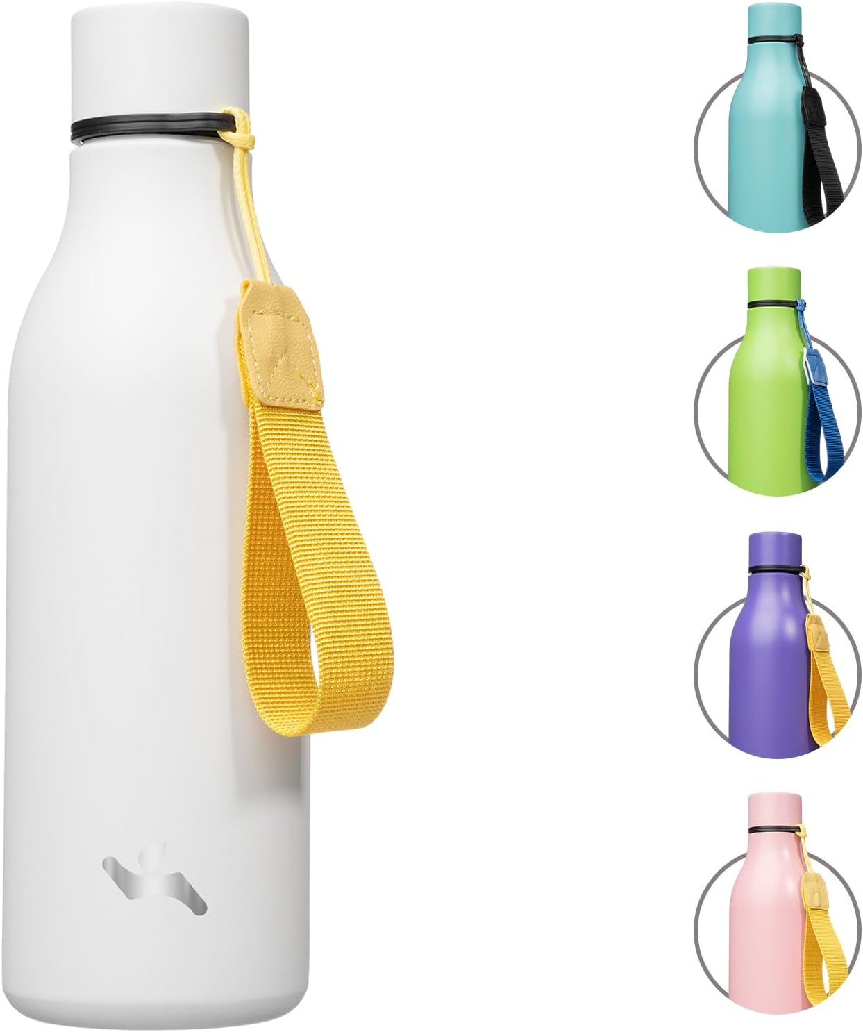 Botella de agua aislada con correa, botellas de acero inoxidable de doble pared de 18 onzas, botella de agua de metal, color blanco
