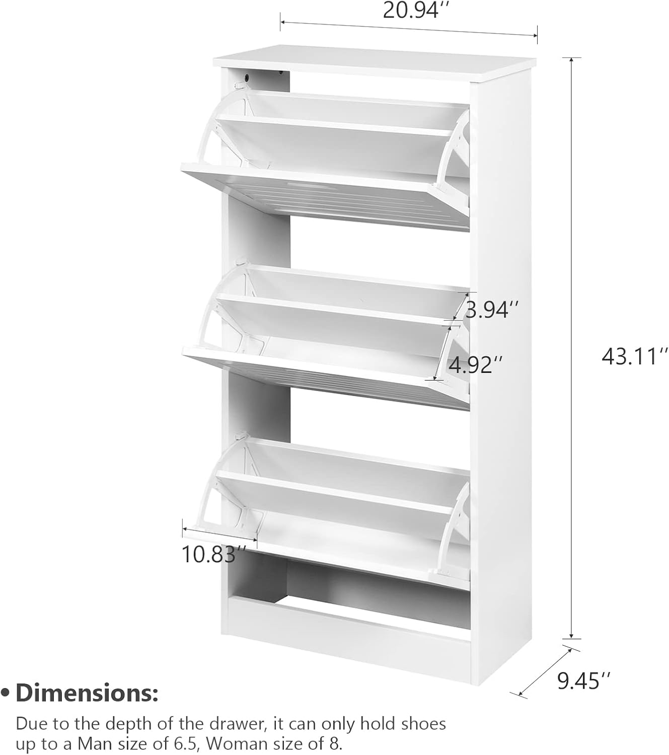 Hommoo Armario de almacenamiento de zapatos blanco con puerta de 3 listones abatibles, armario estrecho para zapatos con estante ajustable, gabinete