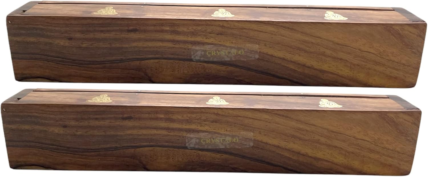 Paquete de 2 quemadores de incienso de madera tipo ataúd – Incrustaciones de latón de 12 pulgadas – Compartimento de almacenamiento (Buddha)