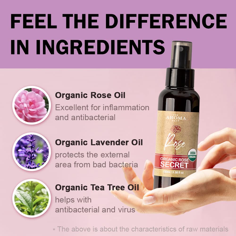 USDA TheAromaShop Organic Rose Secret, espray de higiene femenina con pH equilibrado, neutralizador de olores totalmente natural para la frescura