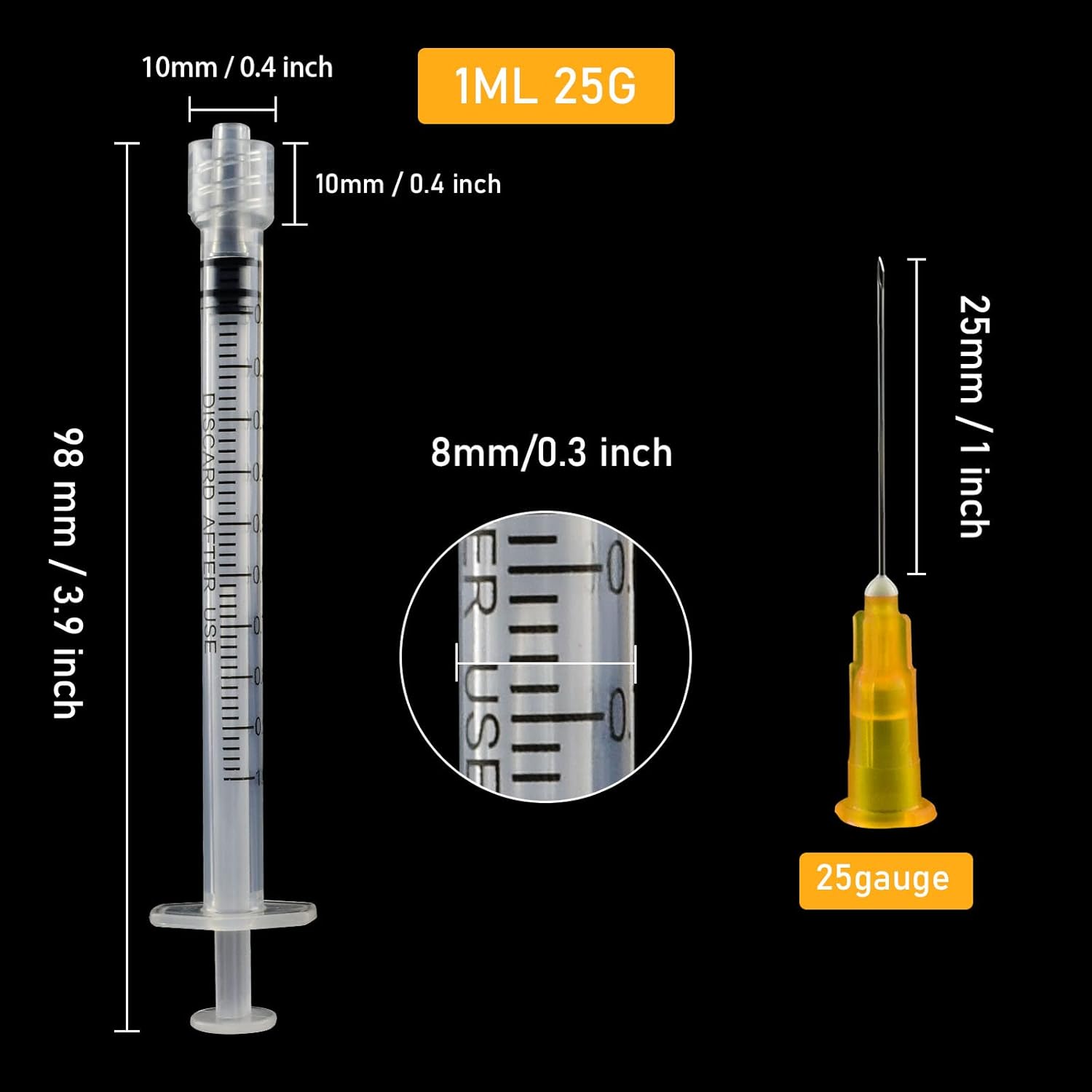 1 cc con cerradura Luer de calibre 25 de 1 pulgada, envuelta individualmente, paquete de 20