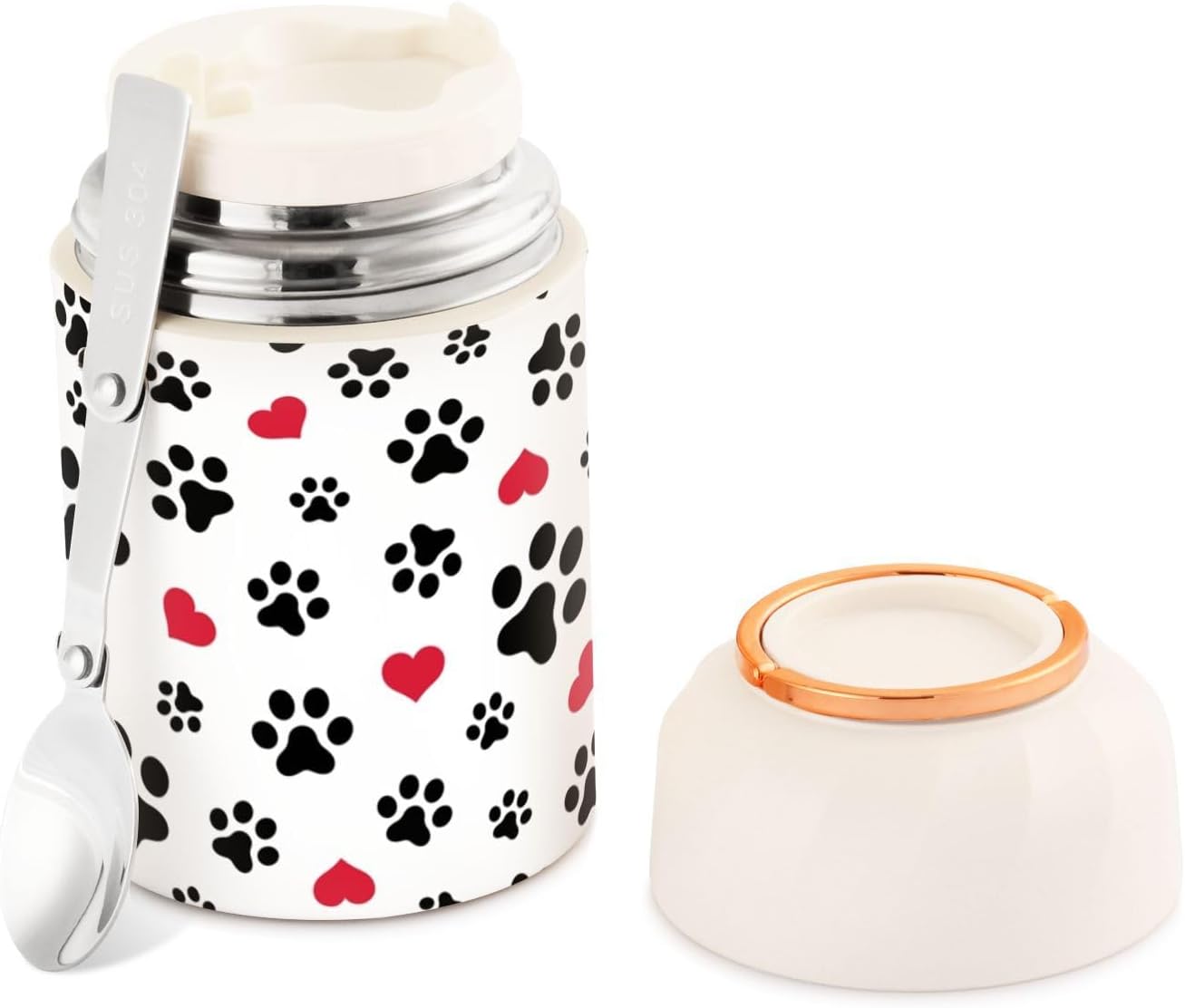 Tarro de comida aislado al vacío de 17 onzas, con diseño de pata de perro, pata de gato, termo de acero inoxidable para comida caliente y sopa con