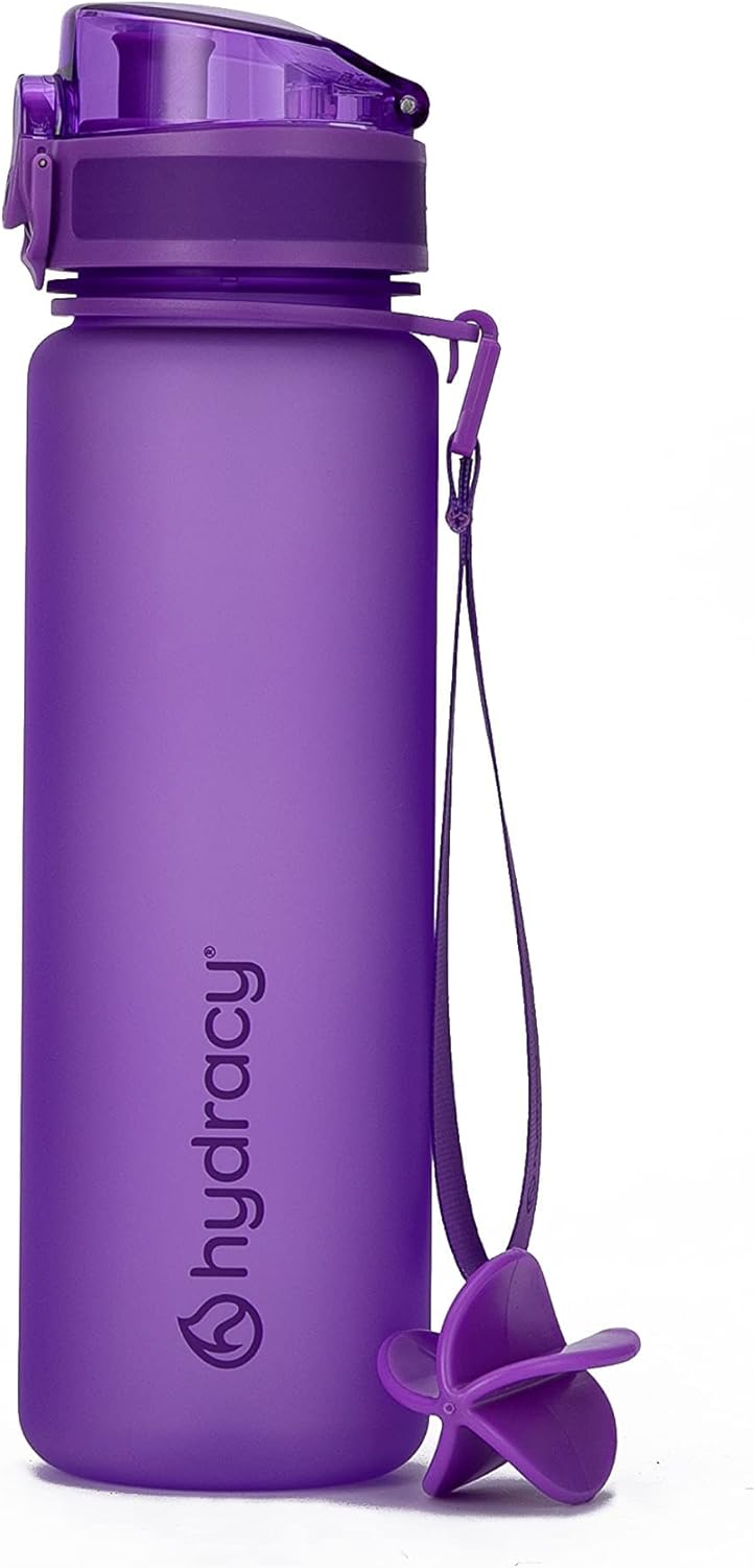 Hydracy Botella de agua con marcador de tiempo, botella de agua grande sin BPA y funda sin sudor, botella de gimnasio a prueba de fugas con infusor
