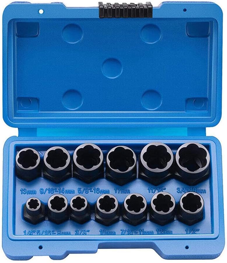Juego de 13 piezas de removedor de pernos de impacto y tuercas  Acero al cromo y molibdeno  Fácil extracción de zócalos, tuercas y pernos oxidados y