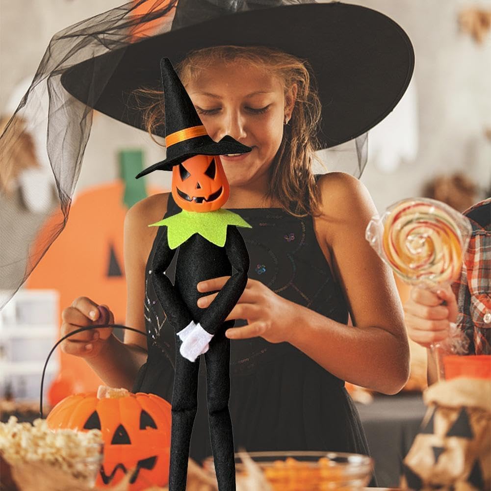 Muñeco de peluche de calabaza de Halloween de 14 pulgadas, hecho a mano con sombrero negro, guantes blancos, vestidos y capa para Halloween y