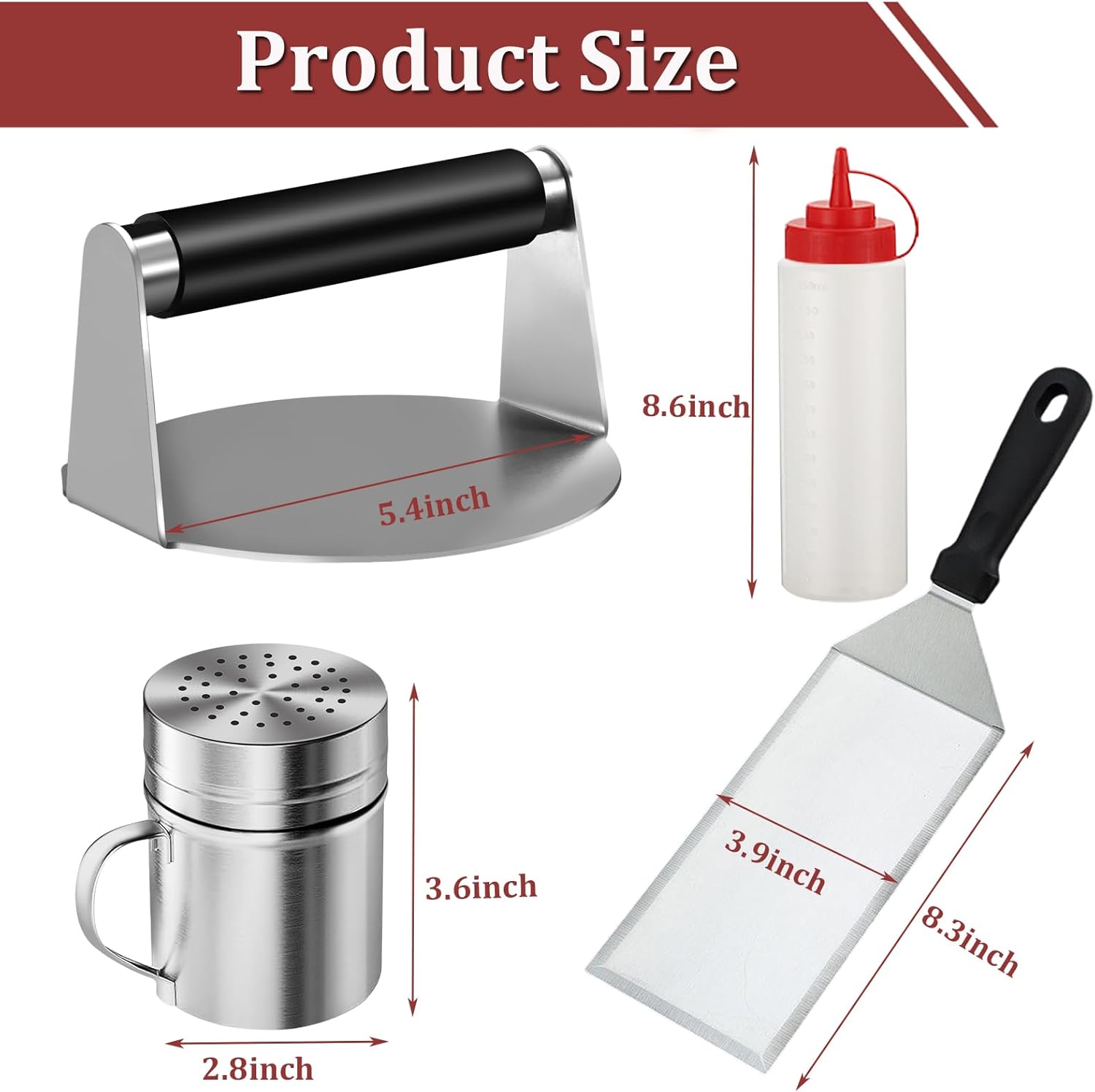 Juego de 4 accesorios de plancha para Blackstone, kit de prensa de hamburguesas de acero inoxidable, espátula para parrilla y coctelera de especias,