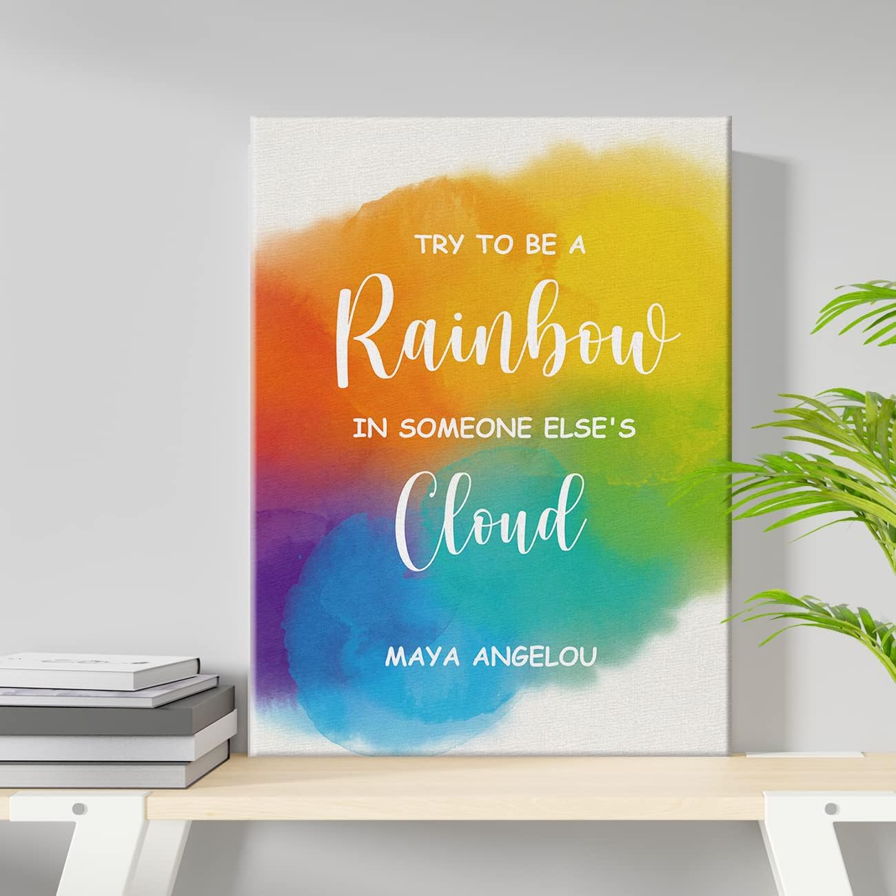 Lienzo con frase “Be a Rainbow in Someone Else’s Cloud” (Be a Rainbow in Someone Else’s Cloud) con cita de nube, arte de pared inspirador positivo
