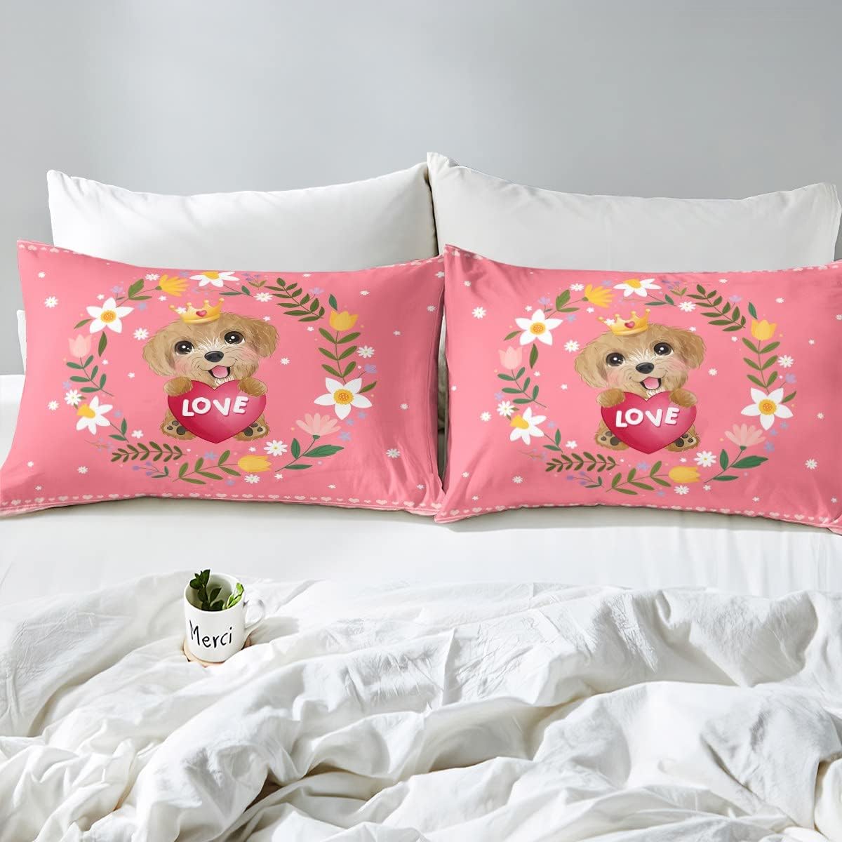Erosebridal Juego de sábanas de tamaño individual para niños y perros, juego de sábanas con estampado de amor de dibujos animados, diseño de