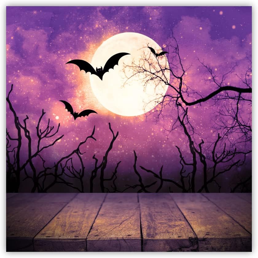 Leowefowa Telón de fondo de fotografía de Halloween de 8 x 8 pies, color morado, cielo brumoso, árbol muerto, decoración de luna redonda, fondo para