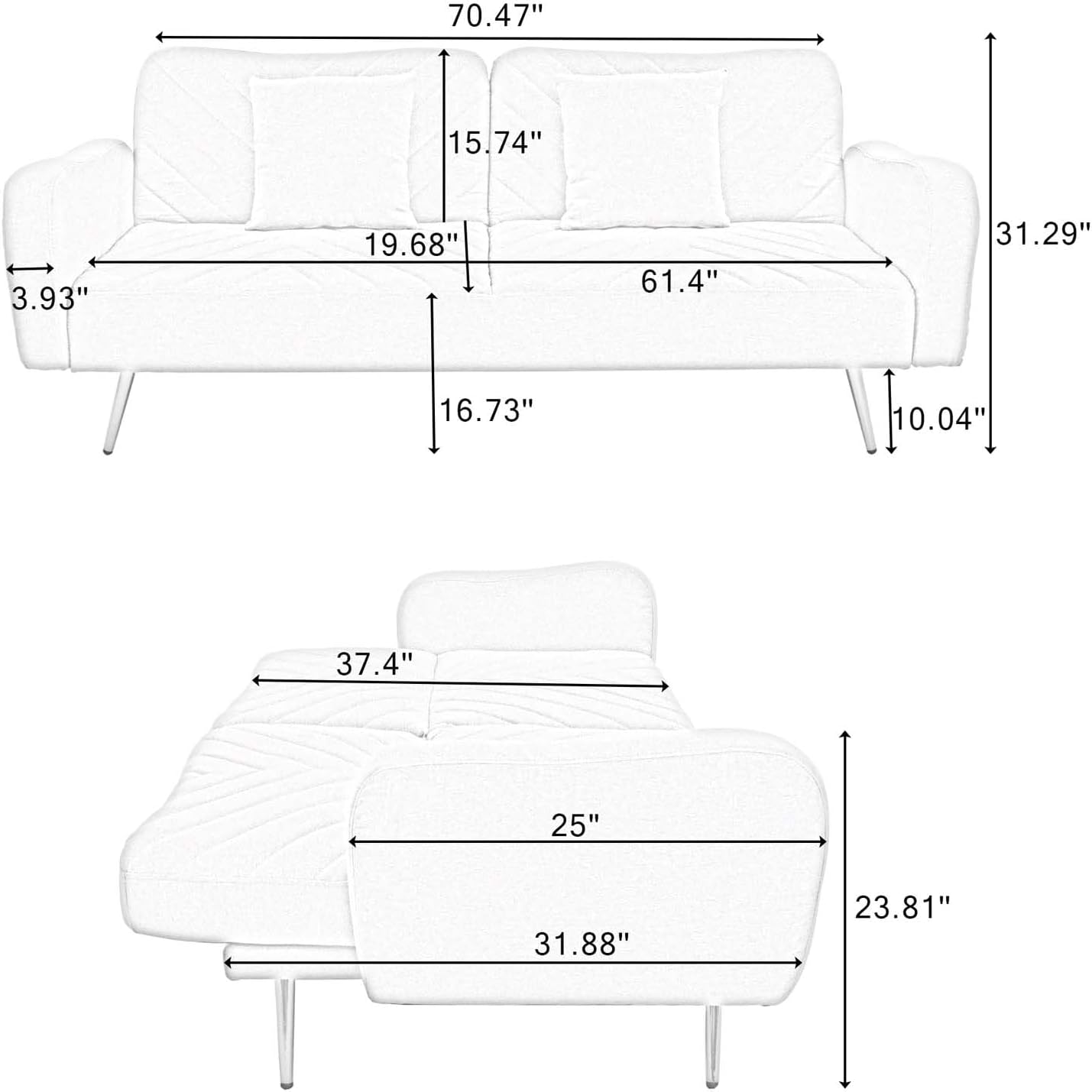 GERDIOEB Sofá pequeño de 70.47 pulgadas, sofá cama futón con respaldo ajustable y 2 almohadas, sofá cama, sofá biplaza, sofás modulares para sala de