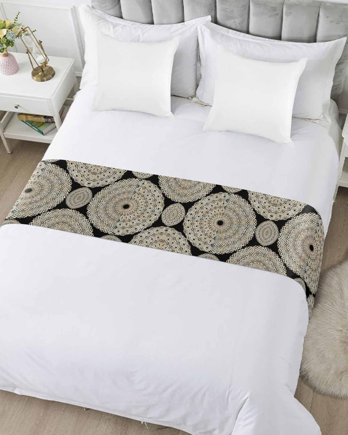 Caminos de cama geométricos bohemios para cama de tamaño Queen, mantas decorativas para pie de cama, color negro clásico moderno arte abstracto,