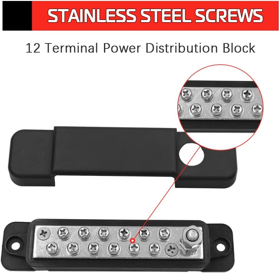 Bloque de terminales de distribuidor de energía para auto marino remolque de coche RV barco con 12 terminales de tornillos M4 y 1 pernos M6 con