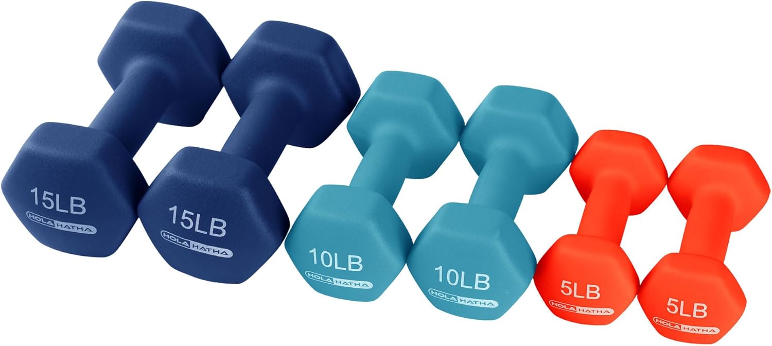 HolaHatha Juego de mancuernas de neopreno de 2, 3, 5, 8 y 10 libras con estante, ideal para ejercicios en casa para ganar tono y definición, color