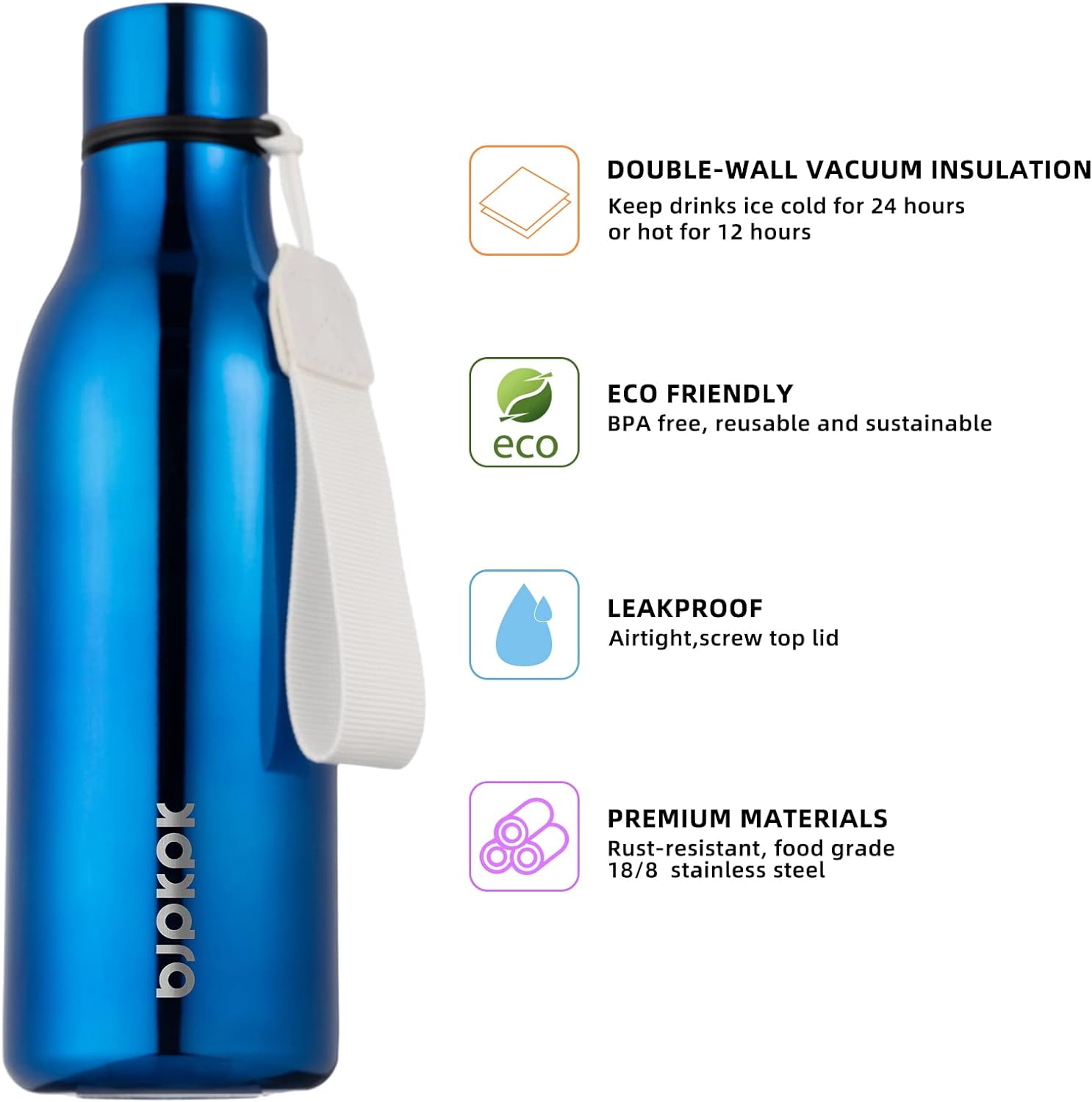 BJPKPK Botellas de agua aisladas, botella de agua de metal de acero inoxidable de 18 onzas con correa, termo a prueba de fugas, tazas y frascos,