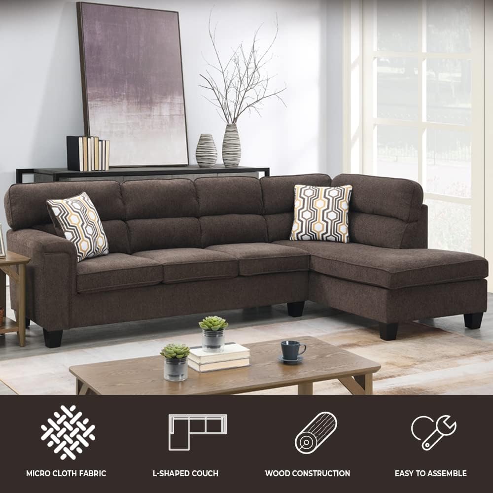 Sofá modular tapizado grande en forma de L de 118 pulgadas de ancho con 2 cojines, moderno sofá de microfibra copetudo con asientos de espuma