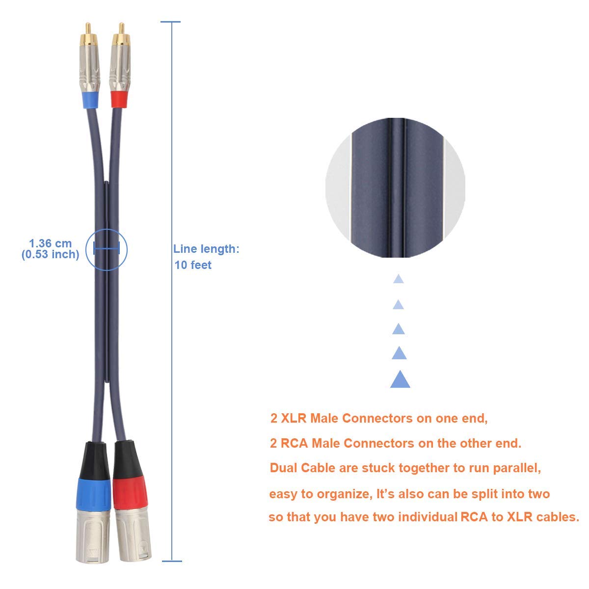 TISINO Cable dual RCA a XLR, 2 RCA a 2 XLR macho HiFi Stereo Audio Conexión Cable de Camino – 6.6 pies
