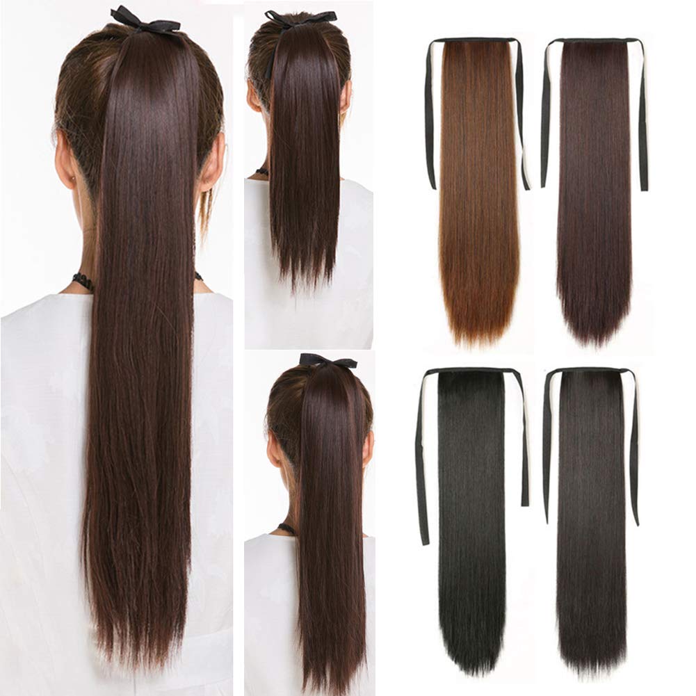 455525.6 in moda mujeres largo recto peluca cola de caballo extensión del pelo Cosplay hairpiece marrón oscuro 25.6 in