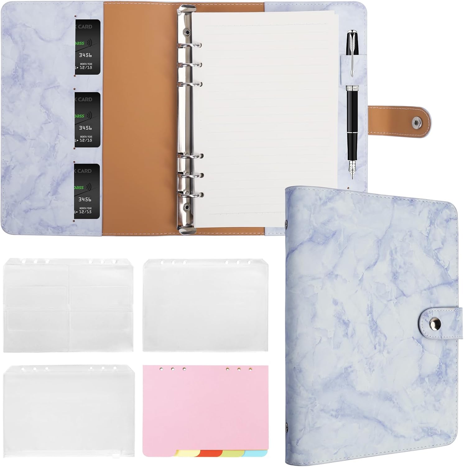 FYY Carpeta de cuero A5 con 6 anillas, cuaderno recargable A5 con bolsillos para carpeta, divisores A5, papel de repuesto A5, carpeta de viaje de