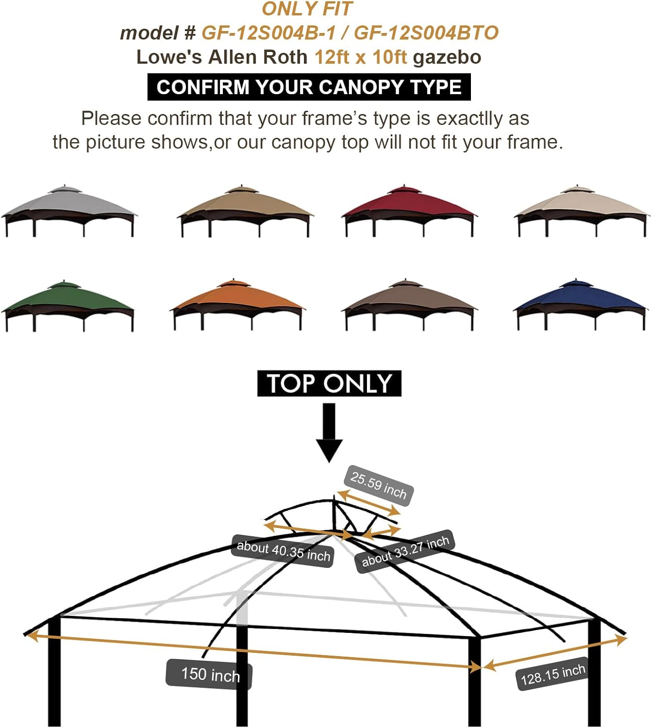 Eurmax- Toldo de repuesto para gazebo Lowe’s Allen Roth 10 x 12 #GF-12S004B-1